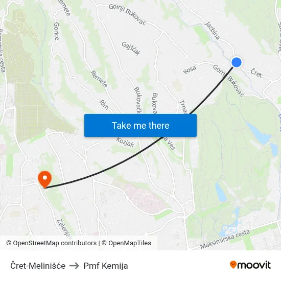Čret-Melinišće to Pmf Kemija map
