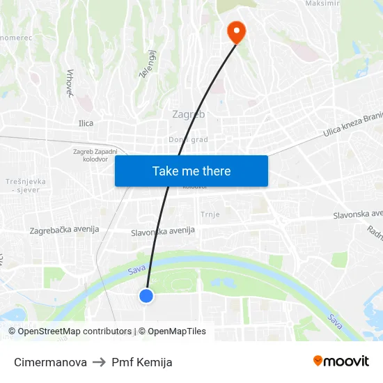 Cimermanova to Pmf Kemija map