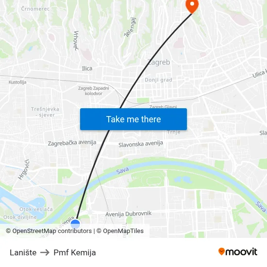 Lanište to Pmf Kemija map