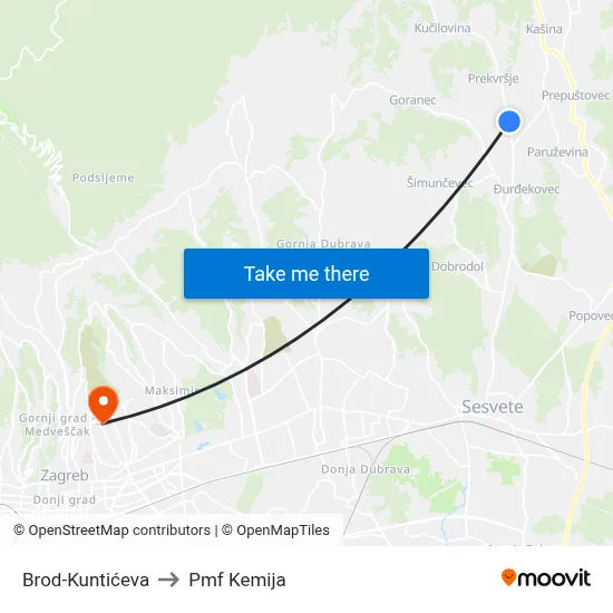 Brod-Kuntićeva to Pmf Kemija map