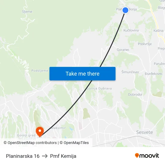 Planinarska 16 to Pmf Kemija map