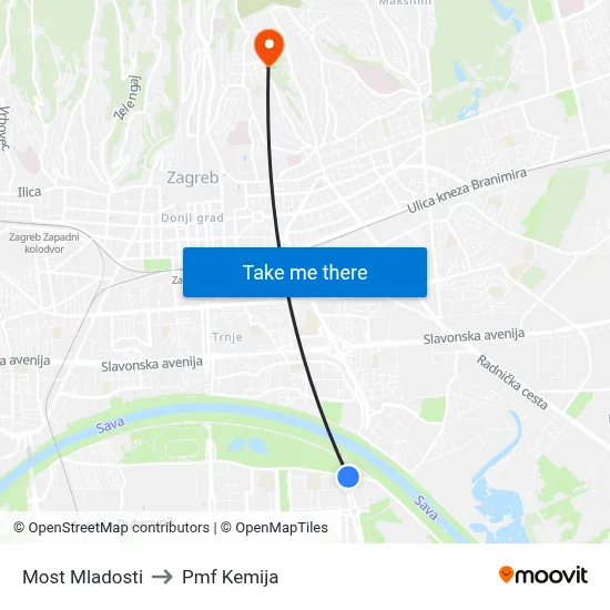 Most Mladosti to Pmf Kemija map