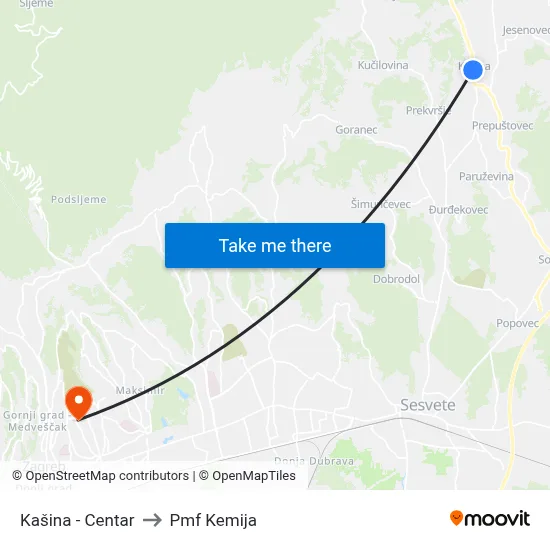 Kašina - Centar to Pmf Kemija map