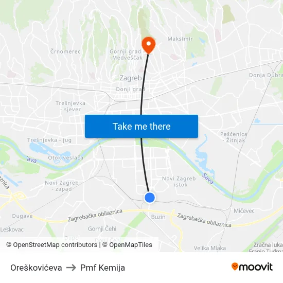 Oreškovićeva to Pmf Kemija map