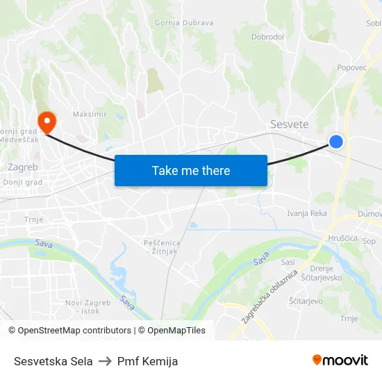 Sesvetska Sela to Pmf Kemija map