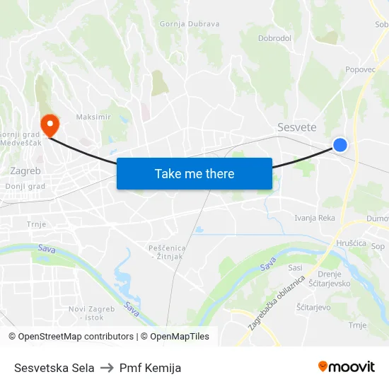 Sesvetska Sela to Pmf Kemija map