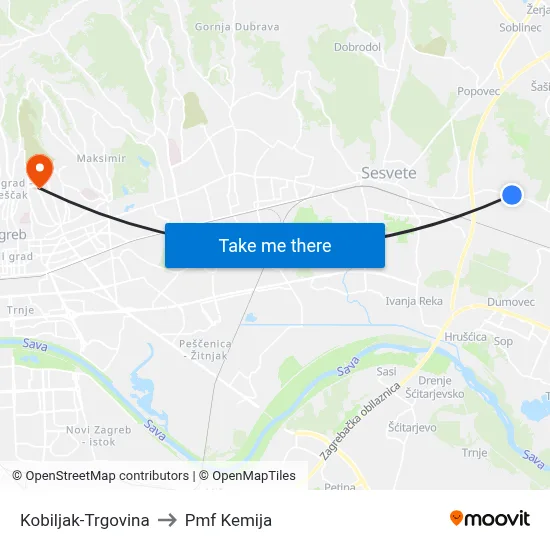 Kobiljak-Trgovina to Pmf Kemija map