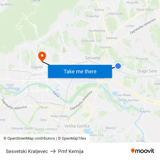 Sesvetski Kraljevec to Pmf Kemija map