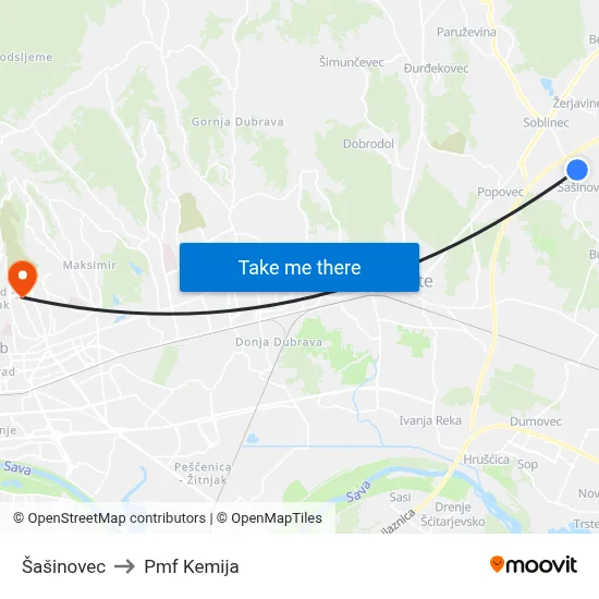 Šašinovec to Pmf Kemija map