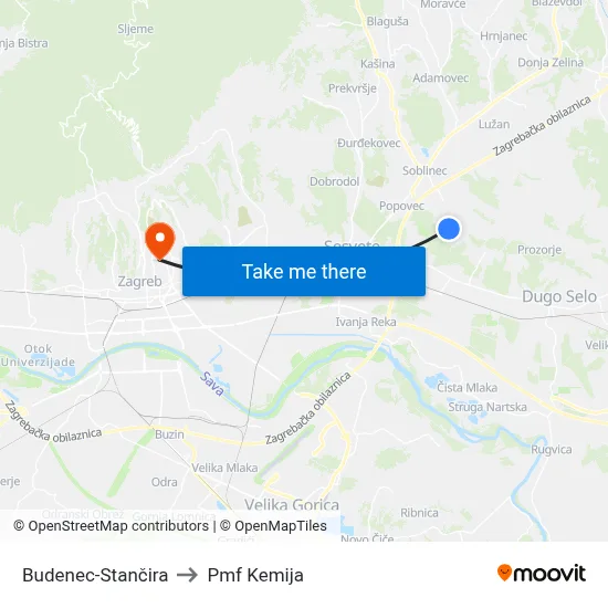 Budenec-Stančira to Pmf Kemija map