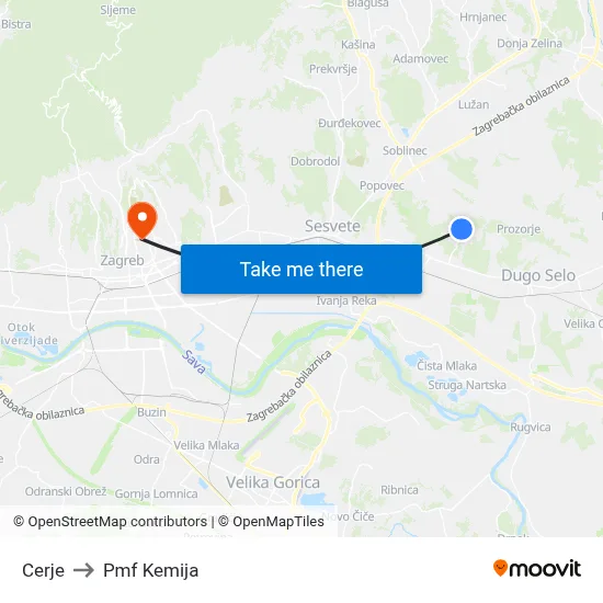 Cerje to Pmf Kemija map