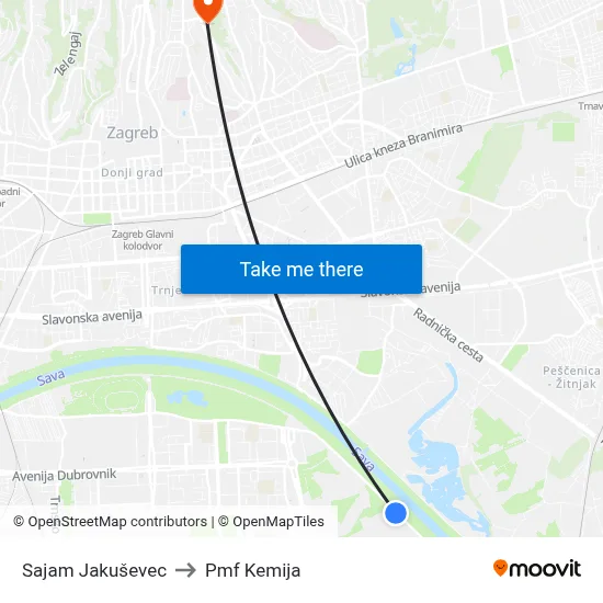 Sajam Jakuševec to Pmf Kemija map