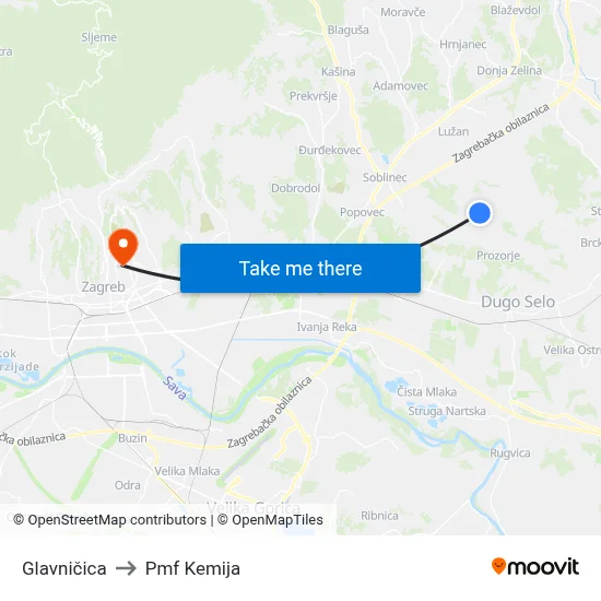 Glavničica to Pmf Kemija map