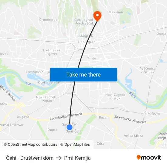 Čehi - Društveni dom to Pmf Kemija map