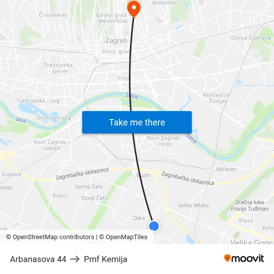 Arbanasova 44 to Pmf Kemija map