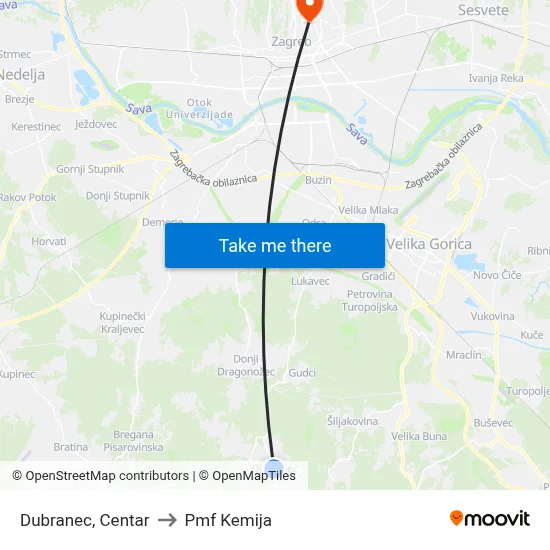 Dubranec, Centar to Pmf Kemija map