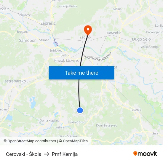 Cerovski - Škola to Pmf Kemija map