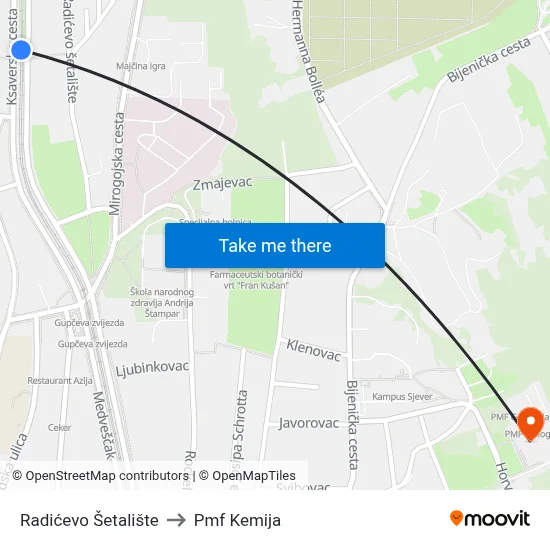 Radićevo Šetalište to Pmf Kemija map