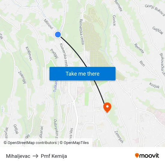 Mihaljevac to Pmf Kemija map