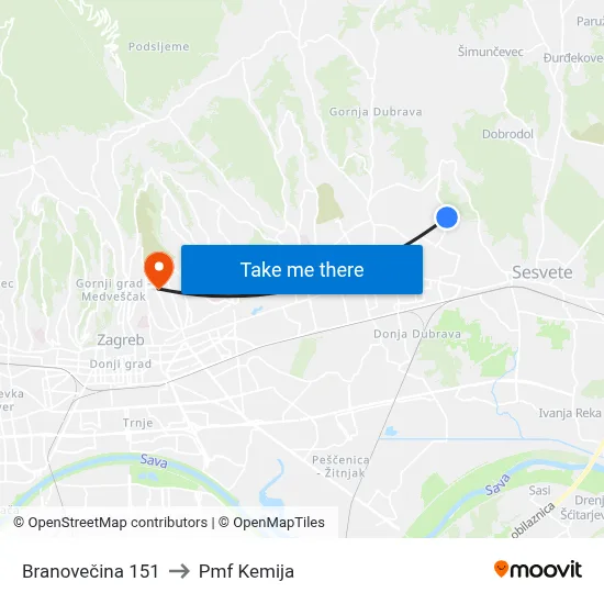 Branovečina 151 to Pmf Kemija map