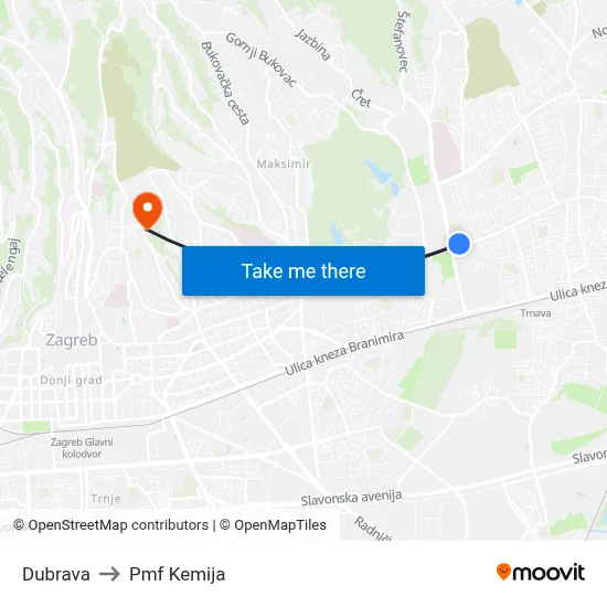 Dubrava to Pmf Kemija map