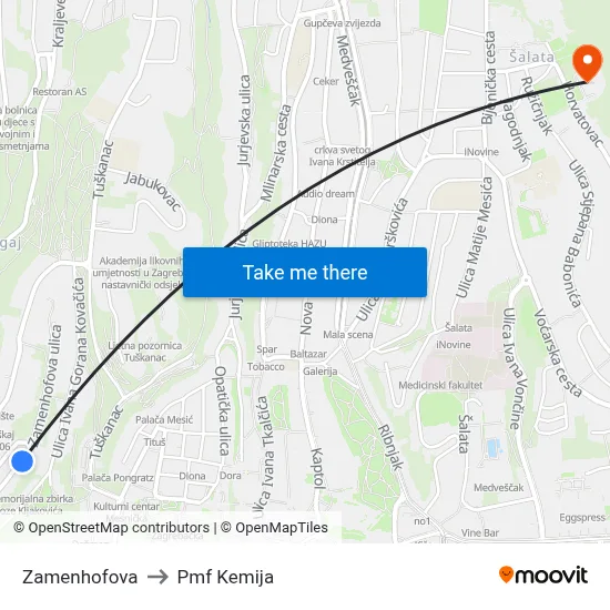 Zamenhofova to Pmf Kemija map