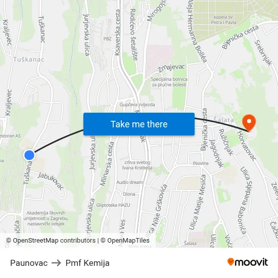 Paunovac to Pmf Kemija map