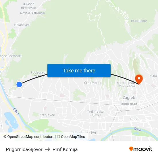 Prigornica-Sjever to Pmf Kemija map