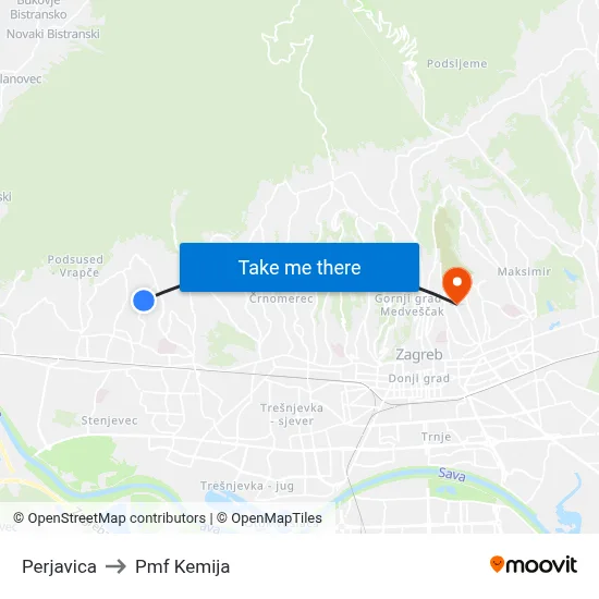 Perjavica to Pmf Kemija map