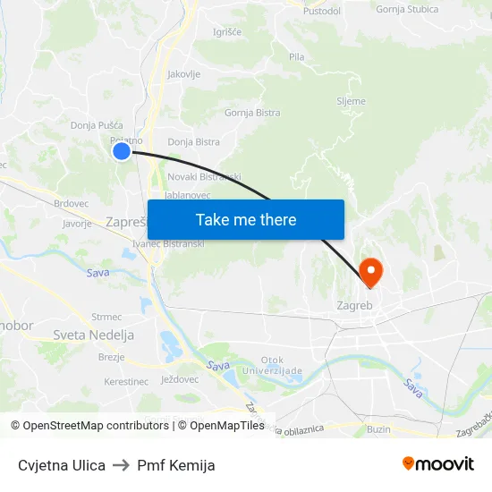 Cvjetna Ulica to Pmf Kemija map