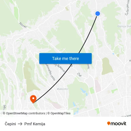 Čepini to Pmf Kemija map