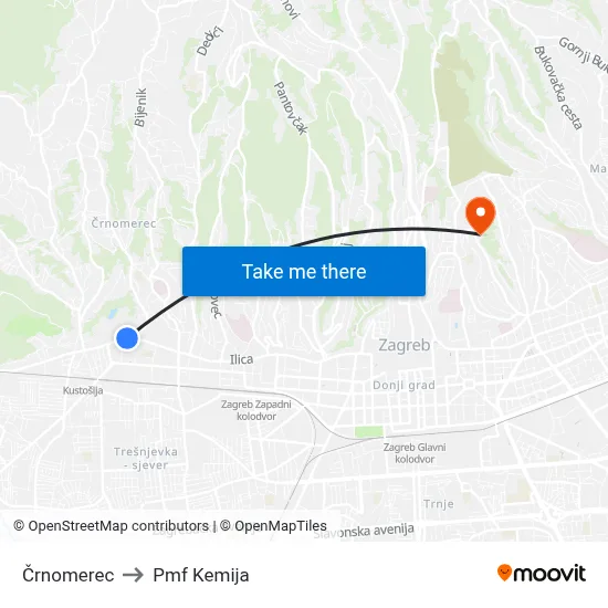 Črnomerec to Pmf Kemija map