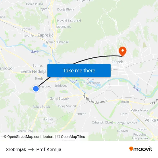 Srebrnjak to Pmf Kemija map