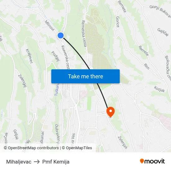 Mihaljevac to Pmf Kemija map