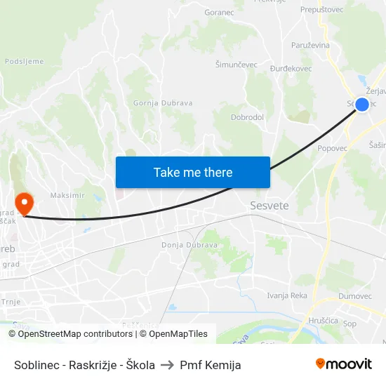 Soblinec - Raskrižje - Škola to Pmf Kemija map