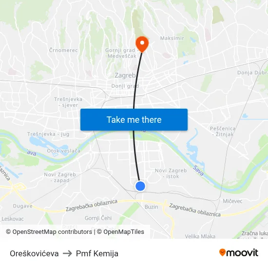 Oreškovićeva to Pmf Kemija map