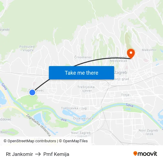 Rt Jankomir to Pmf Kemija map