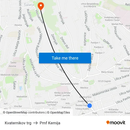 Kvaternikov trg to Pmf Kemija map