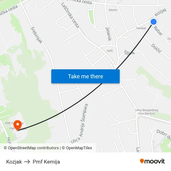 Kozjak to Pmf Kemija map