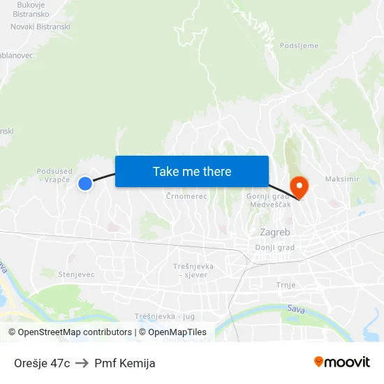Orešje 47c to Pmf Kemija map