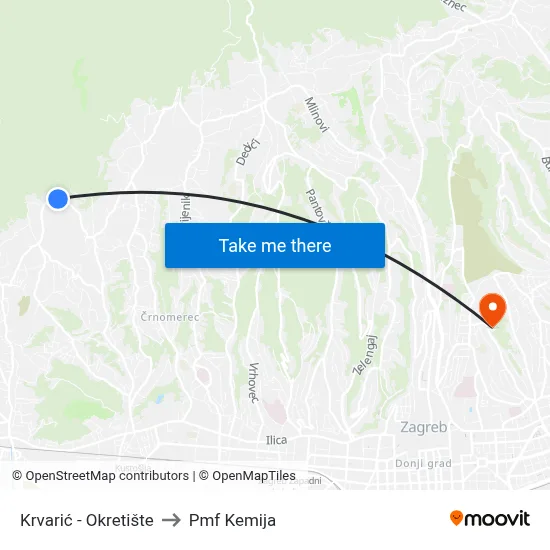 Krvarić - Okretište to Pmf Kemija map