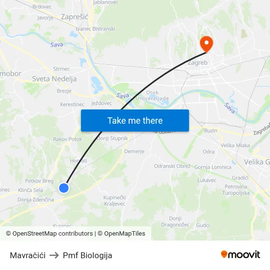Mavračići to Pmf Biologija map