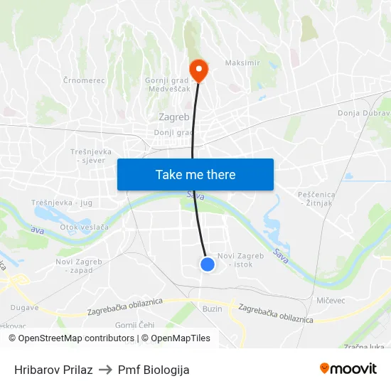 Hribarov Prilaz to Pmf Biologija map