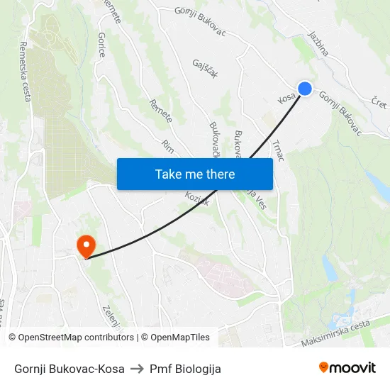 Gornji Bukovac-Kosa to Pmf Biologija map