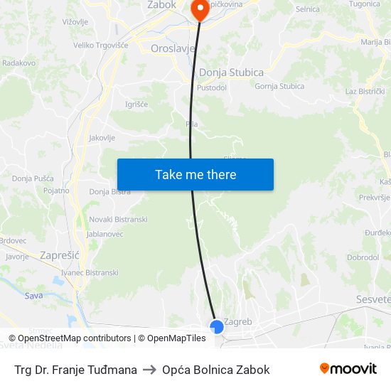 Trg Dr. Franje Tuđmana to Opća Bolnica Zabok map