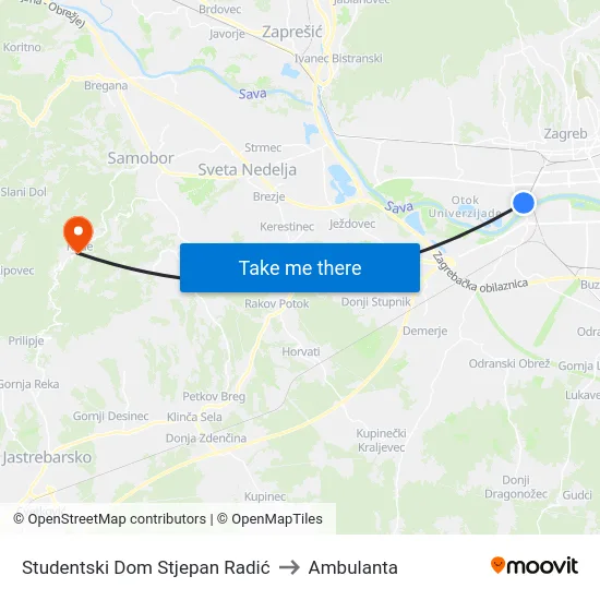 Studentski Dom Stjepan Radić to Ambulanta map