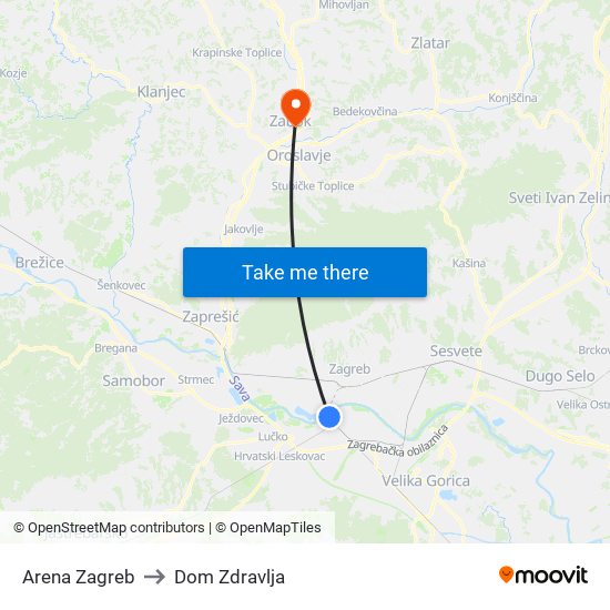 Arena Zagreb to Dom Zdravlja map