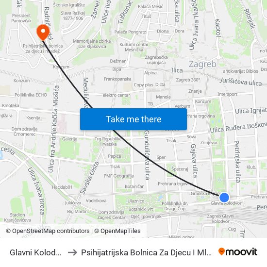 Glavni Kolodvor to Psihijatrijska Bolnica Za Djecu I Mladež map