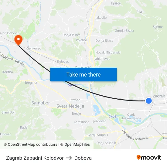Zagreb Zapadni Kolodvor to Dobova map