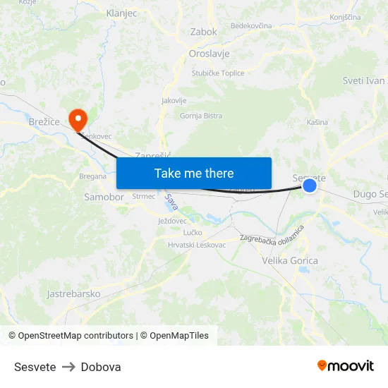 Sesvete to Dobova map